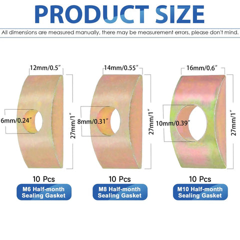 Diagram showing M6, M8, M10 half moon sealing gaskets from the Half Moon Nuts And Washers Kit All In One 30 Piece Set M6 M8 M10