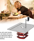 Heavy Duty Manual Lifting Router Table Kit With Rock Solid Aluminum Steel Base Plug And Play Woodworking Workstation for precise height adjustment.