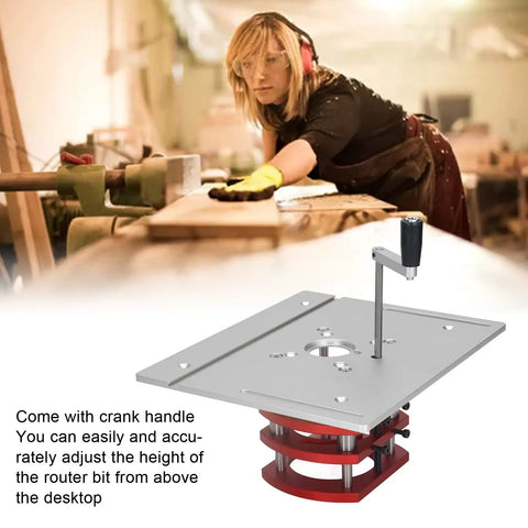 Top Notch Manual Router Lift Table For Woodworking With Easy Spin Cranks And Bulletproof Stainless Base Plate For Spot On Trimming, silver and red table with crank handle.