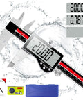 Electronic Digital Caliper With 6 Inch Range And Ultra Accurate Vernier Caliper For Inches Millimeters And Fractions in water splash with LCD display, blue case, and battery
