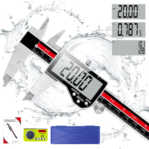 Electronic Digital Caliper With 6 Inch Range And Ultra Accurate Vernier Caliper For Inches Millimeters And Fractions in water splash with LCD display, blue case, and battery