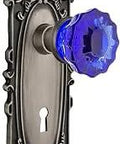 Antique Pewter Privacy Door Knob Set With Crystal Cobalt Glass Knobs And Victorian Brass Plates, side view