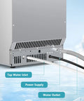 Back view of Under Counter Ice Maker Machine freestanding stainless steel with ice thickness control showing water inlet, outlet, power supply.