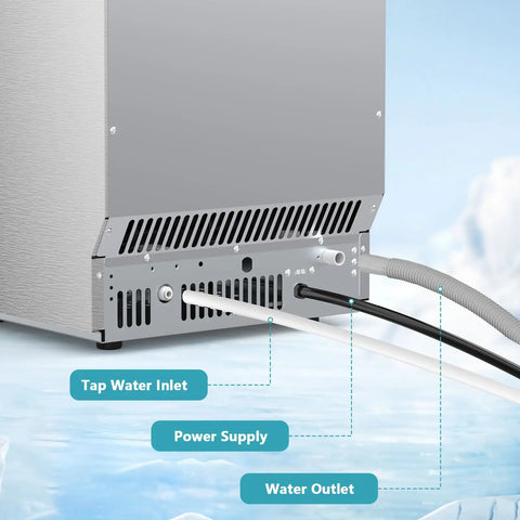 Back view of Commercial Ice Maker Machine 80 Lbs Per Day Freestanding 24 Lb Storage Stainless Steel Auto Self Cleaning showing water inlet and outlet