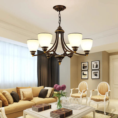 Dope Farmhouse Dining Room Chandelier With Six Frosted Glass Shades Black Metal Pendant Light Fixture in living room