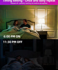 Alexa Ready Smart Bulb 10W 900 Lumens 2700K Warm White 2 Pack showing timing setting in a bedroom with couple in bed.