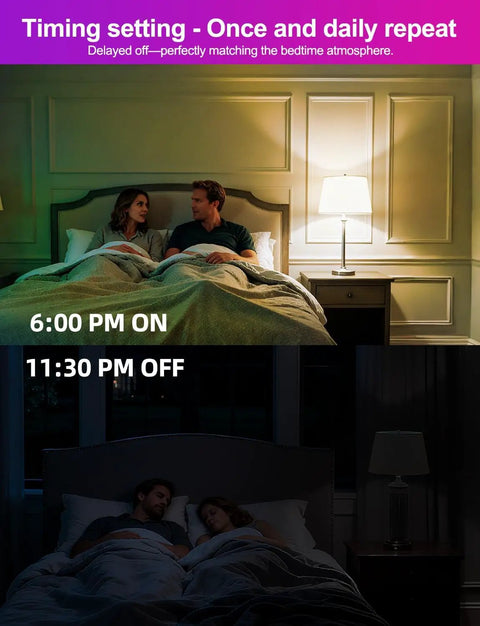 Alexa Ready Smart Bulb 10W 900 Lumens 2700K Warm White 2 Pack showing timing setting in a bedroom with couple in bed.