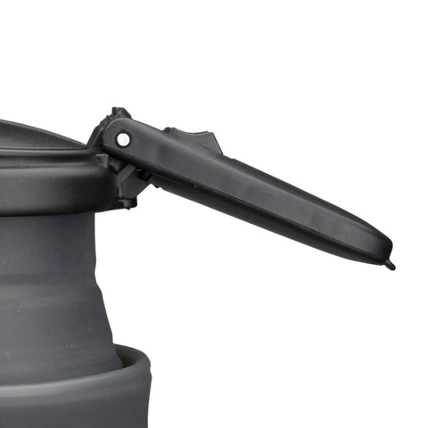 Close-up of handle on On The Go 0.85 Quart Collapsible Kettle With Dual Voltage Hidden Heating Element Black Finish Ultra Portable Travel Cup