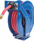 Heavy Duty Spring Rewind Hose Reel For Fuel Transfer With 3/4 Inch ID 75 Ft Hose And 300 PSI Working Pressure, blue metal design