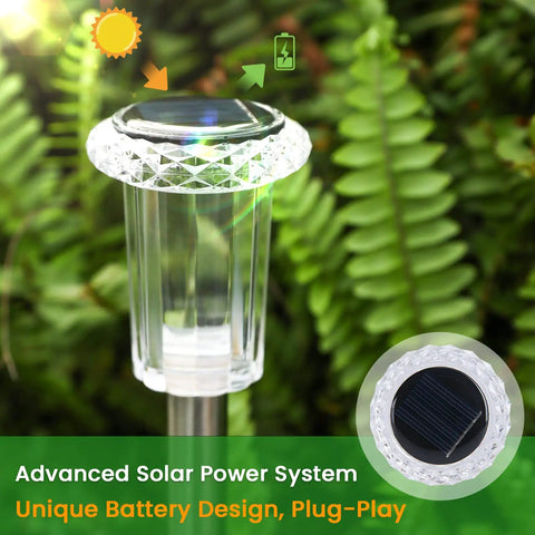 Solar Outdoor Lights 12 Pack Waterproof Pathway Lights with Auto On Off Plug And Play showcasing top solar panel design