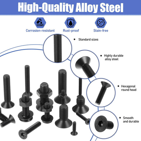 Massive Over 1500 Piece Set With All In One M2 To M5 Flat Head Hex Socket Screws Ten Point Nine Grade Alloy Steel Bolts and Nuts