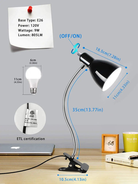 Eye-Caring Clip On Desk Lamp With 360 Degree Gooseneck Reading Light on a table with dimensions and lamp details shown