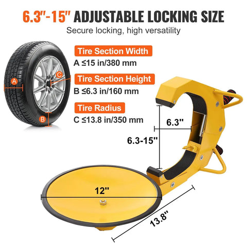 Tough As Nails Heavy Duty Wheel Lock Clamp For Trailers And Vehicles adjustable for 6.3-15 inch tires, shown with dimensions.