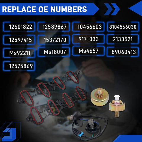 Chevy Knock Sensor Kit With Wiring Harness And Intake Manifold Gasket For Silverado Tahoe Avalanche Yukon Sierra Cadillac Hummer Drop In Replacement 12601822 2133521 89060413 laid out with OE numbers in background.