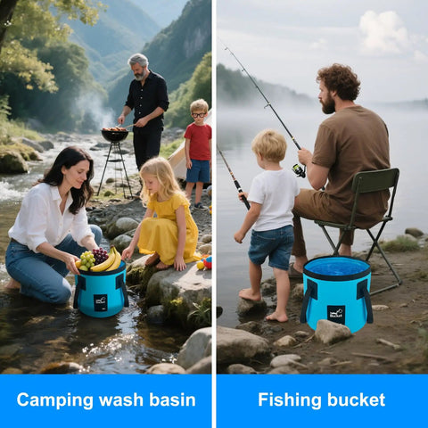 5 Gallon Collapsible Bucket With Handle For Camping Car Wash Beach Gardening RV Laundry And Emergency Prep in river and fishing scenes