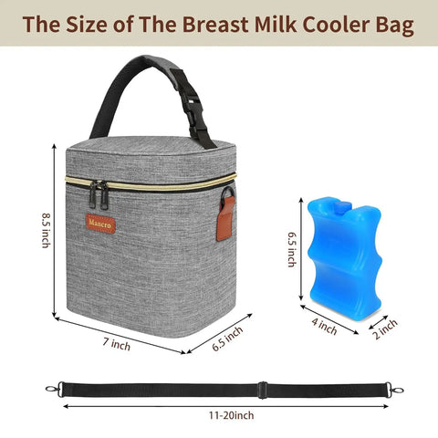 Grab And Go Insulated Breastmilk Cooler Bag Fits Four Nine Ounce Bottles Leakproof Travel Storage, 8.5x7 inches, grey design.