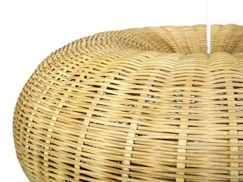 Close-up of Handwoven Wicker Donut Pendant Lamp In Natural Brown 23 Inch Diameter Ceiling Light With Adjustable Cord Up To 71 Inches