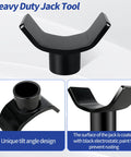 Front view of black bottle jack adapter with U-shaped lifting saddle for RV/trailer/truck jacks; fits 2-4 in shafts