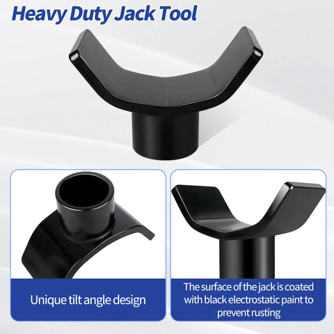 Front view of black bottle jack adapter with U-shaped lifting saddle for RV/trailer/truck jacks; fits 2-4 in shafts
