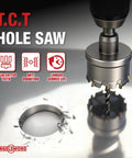 Carbide Hole Saw Kit 19 Piece Set With M35 Cobalt And TiAlN Coated Drill Bits cutting through metal surface.