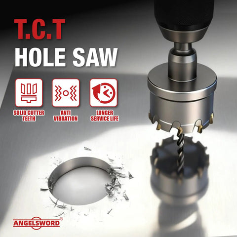 Carbide Hole Saw Kit 19 Piece Set With M35 Cobalt And TiAlN Coated Drill Bits cutting through metal surface.