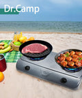 35000 BTU Two Burner Propane Gas Stove Cooktop for Outdoor Camping on beach cooking steak and meatballs