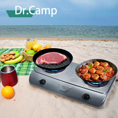 35000 BTU Two Burner Propane Gas Stove Cooktop for Outdoor Camping on beach cooking steak and meatballs