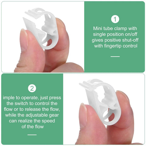 Hand holding mini white tube clamp from five pack adjustable plastic tubing clamps for one eighth to one quarter inch tubing water flow control tube clips for beer bottles plumbing instruments and equipment white.