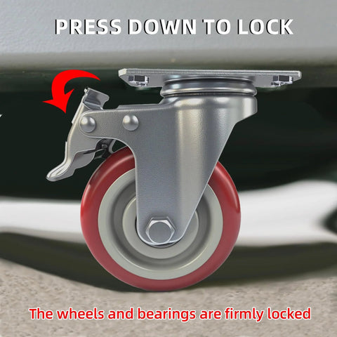 Side view of 4 Inch Heavy Duty Swivel Caster Wheels Set Of 4 With Brakes And Locks For Furniture Tables Carts And Workbenches 360 Degree Rotation Lockable Plate Caster Wheels Includes Screws Load Capacity 2200lbs with brake engaged.