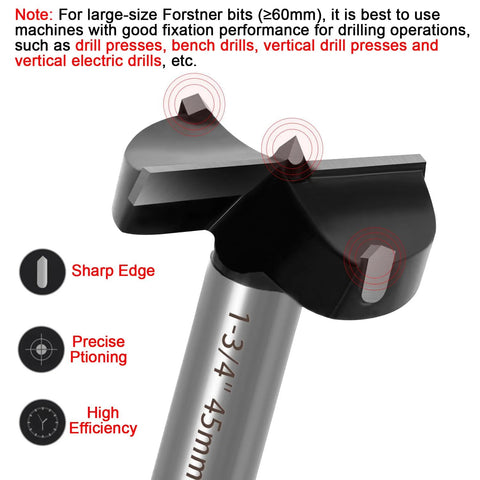 Close-up of ASNOMY 6-piece large Forstner drill bit set, carbide-tipped, 1-3/8 to 2-3/4 inches for hardwood plywood