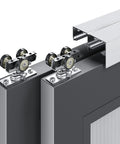 Close-up of Bypass Double Sliding Pocket Door Hardware Kit 4ft Aluminum Track for 2 Door System showing rollers and concealed track.