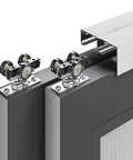 Close-up of Bypass Pocket Door Hardware Kit 6 Foot 72 Inch Double Sliding System Commercial Grade Aluminum Track For Two Doors Quiet Glide Rollers