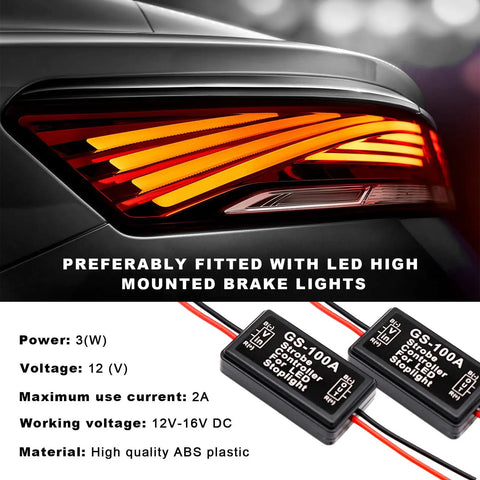 Universal 4 Pack Led Brake Light Strobe Controller With 12V 24V Flasher Module For Cars Trucks Motorcycles close-up view of brake light wiring and LED indicator.