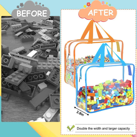 Six Pack Large Clear Toy Storage Bags With Labels, Reusable PVC Organizer For Blocks in use showing before and after organization