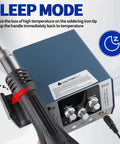 Powerful 2-In-1 Hot Air Soldering Station Workhorse with sleep mode feature, showing blue control unit and hot air gun.