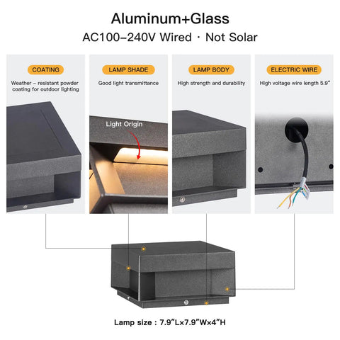 Outdoor Post Lights Hardwired Weatherproof AC 100 240V Modern Pillar Light 3000K showing lamp parts and materials