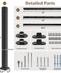 Detailed parts of Heavy Duty Modular Deck Railing Kit, 39 inch black post, brackets, and screws for DIY assembly.