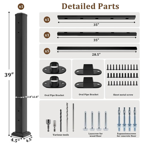 Detailed parts of Heavy Duty Modular Deck Railing Kit, 39 inch black post, brackets, and screws for DIY assembly.