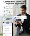 Wifi Fingerprint Smart Door Lock For Front Door Keyless Entry With App Remote Control and Alexa Google Home Compatible Fresh Satin Nickel Design displayed on a smartphone.