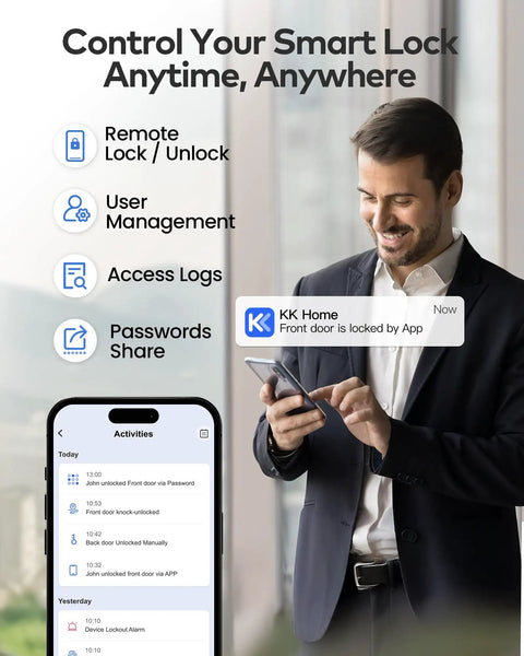 Wifi Fingerprint Smart Door Lock For Front Door Keyless Entry With App Remote Control and Alexa Google Home Compatible Fresh Satin Nickel Design displayed on a smartphone.