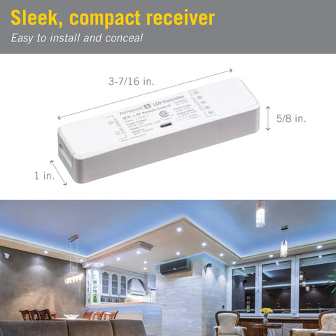 Slim receiver of RGB Plus White WiFi LED Controller For Smart Home Lighting With Tuya App, shown in modern kitchen setting.