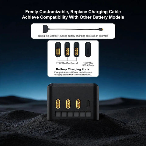 DJI Matrice 4T 4E Parallel Charging Hub showing battery ports and USB-C PD for fast charging in outdoor setting