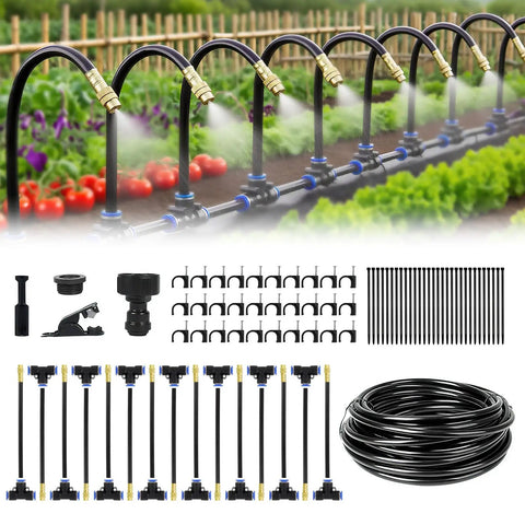 Fifty Foot Automatic Drip Irrigation Kit With Tool Free Quick Connectors Fifteen Copper Atomizing Nozzles And 360 Degree Bendable Spray