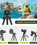 64 Inch Phone And Tablet Tripod Stand With Wireless Remote And 2 In 1 Phone Holder, showing multiple shooting angles in landscape