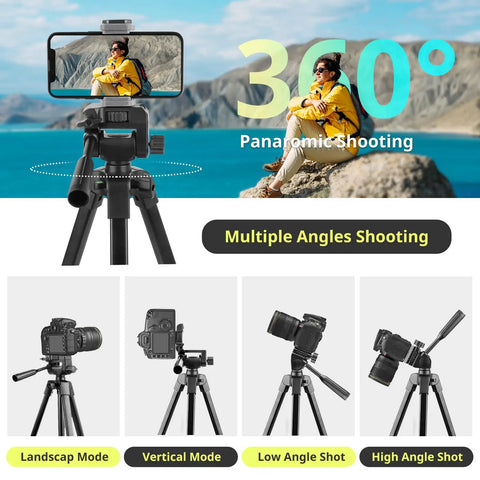 64 Inch Phone And Tablet Tripod Stand With Wireless Remote And 2 In 1 Phone Holder, showing multiple shooting angles in landscape