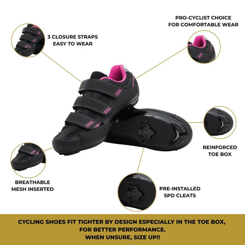 Women's Indoor Spin Shoes With Preinstalled SPD Cleats Ready To Ride Grippy Sole Compatible With Most Spin Classes And Indoor Bikes Pink Size US 7.5 And EU 38 Includes Cleats Comfortable All Day Fit shown with features highlighted