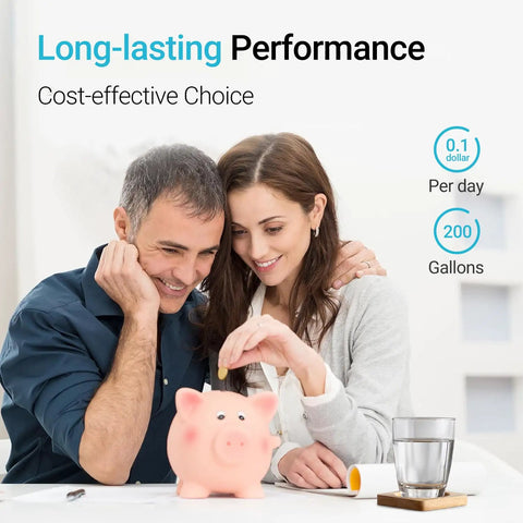 Couple smiling with piggy bank and glass of water, highlighting long-lasting performance and cost-effectiveness of Top Tier Water Filter Replacement For Waterdrop Pitcher And Dispenser Systems PF-01A, Cuts Lead, PFAS, PFOA PFOS And Chlorine, Lasts Up To 200 Gallons, 3 Pack, Fits WD WFD-22 And Other Waterdrop Models.