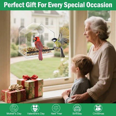 Window Bird Feeder With Four Extra Strong 2.36 Inch Suction Cups And Extra Deep Removable Tray installed on glass with birds feeding