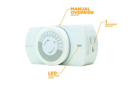 Solid As A Rock Plug In Mechanical Timer For Lamps And Appliances Delivers 24 Hour Analog Dial Control with manual override and LED light.