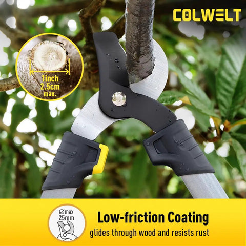 Close-up of loppers from Three Piece Garden Shears Set With Loppers, Hedge Clippers And Pruning Shears For Easy Tree And Shrub Care That Gets The Job Done, Soft Grip Handles, Bypass Cutters, 16.5 Inch Lopper, 17 Inch Hedge Shears, 8 Inch Pruner cutting branch